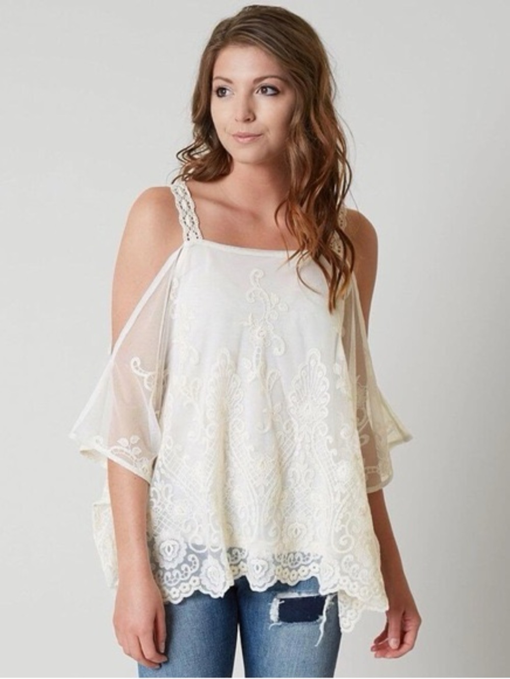 Women's Ivory Lace Cold-Shoulder Tunic Top